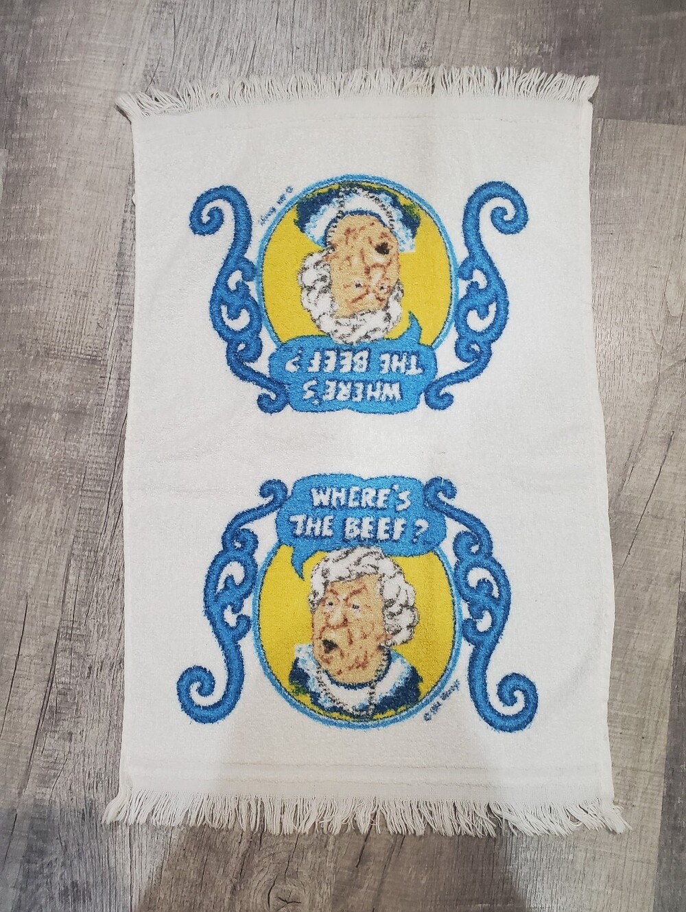 Vintage Canon White Hand Towel with Blue and Yellow 'Where's The Beef?' Graphic